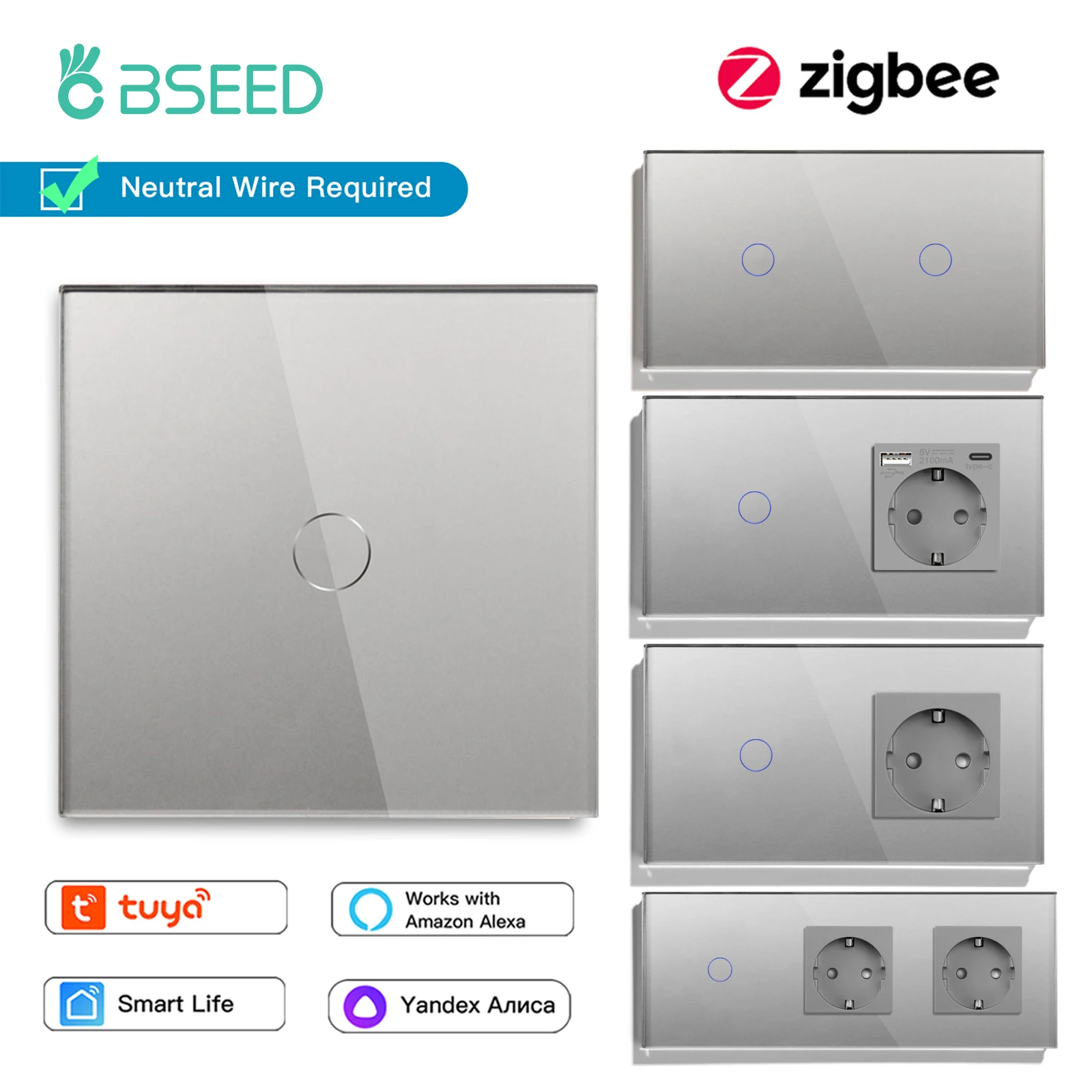 BSEED Zigbee 1/2/3Gang Интелигентни Сензорни Ключове 1/2/3Way Сензорен прекъсвач С USB-изходи EU Type-c Sasha Smart Life Алекса Control
