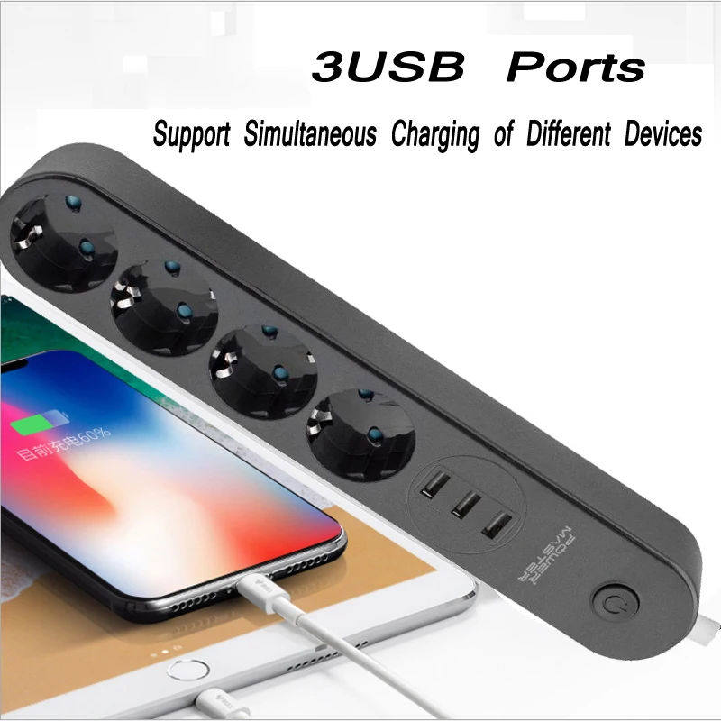 2 Кръгли гнезда USB адаптер за пътуване Power Strip 4 Контакта EU Plugs 3 USB със защита от претоварване Удлинительный кабел с дължина 2 м за домашния офис
