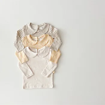 2023 Нови детски Памучни тениски, Есенни детски ризи в клетка с отворотами с дълъг ръкав за момчета и момичета, детски долните потници, детски дрехи