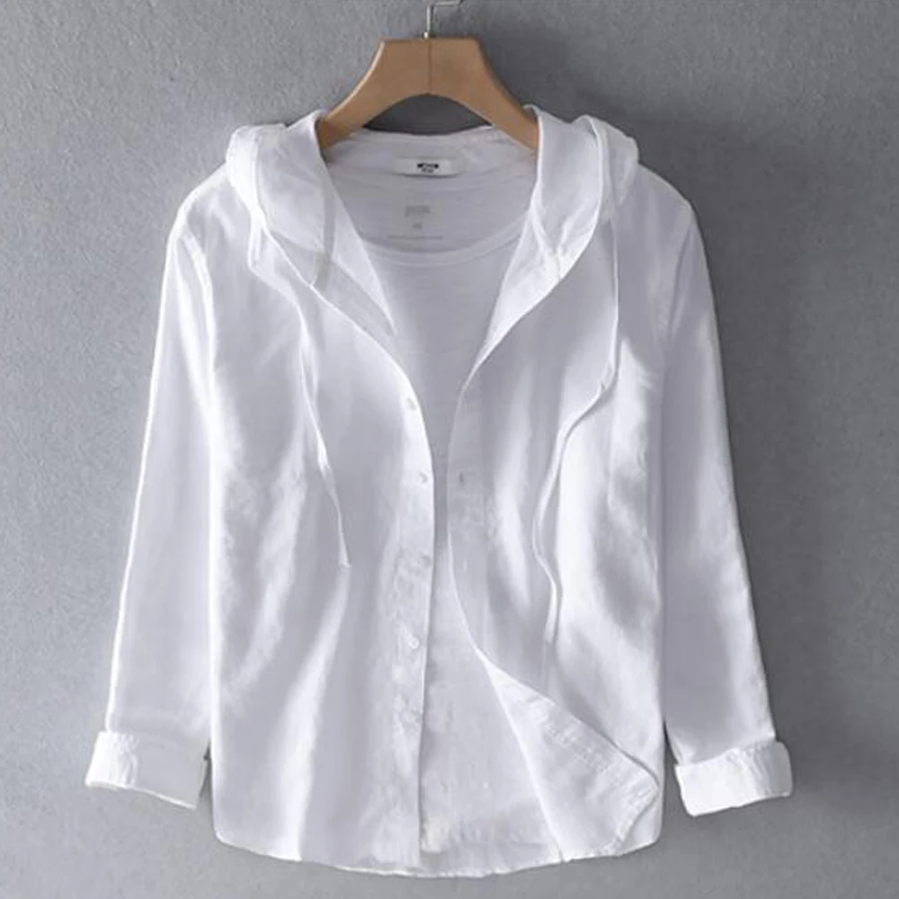 Мъжки бельо риза Holyrising с качулка, Мъжка риза с дълги ръкави от 45% лен, 55% памук, Маркови ежедневни обикновена бели ризи с копчета, мъжки