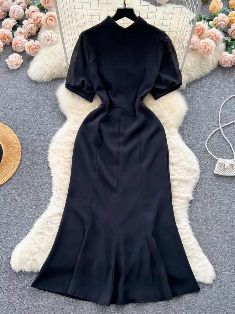 Aibeautyer, Ново винтажное пролетно-лятно однотонное кратко женствена рокля на копчета, трапециевидное шифоновое рокля с отложным яка
