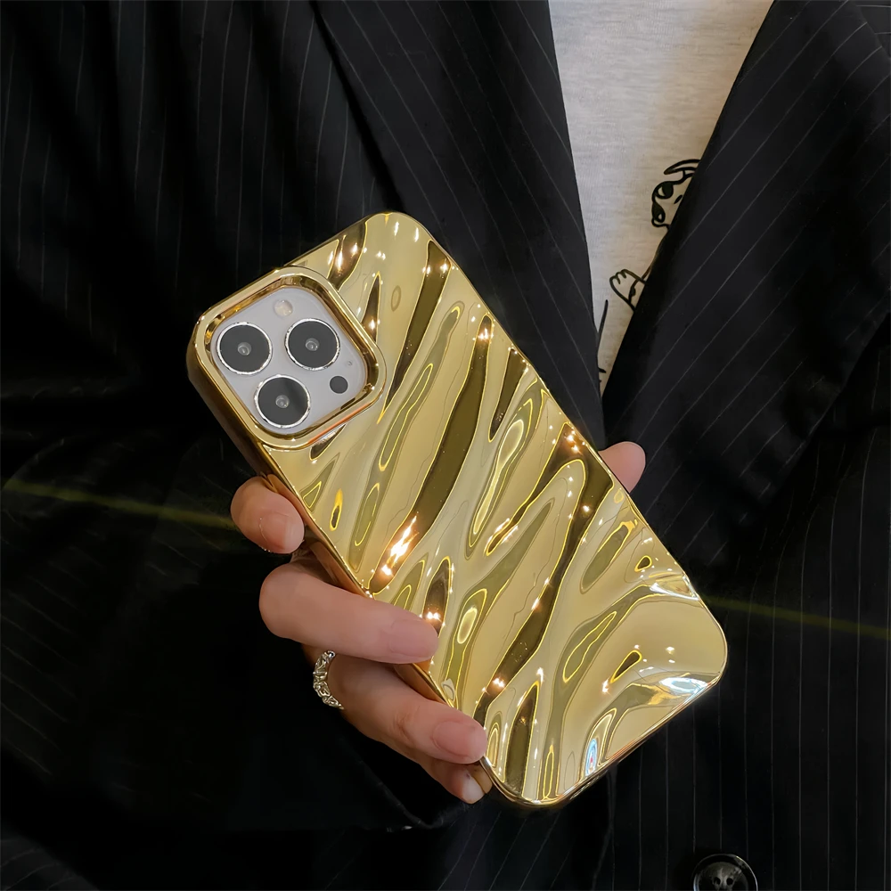 3D Модно покритие с шарките на морските вълни, обикновен прозрачен калъф за телефон iPhone 14 13 12 11 Pro Max, устойчив на удари калъф златен цвят