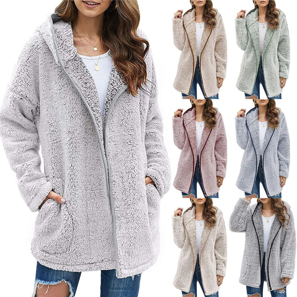 Утепленное дамско зимно палто однотонного плюшено цвят, С дълъг ръкав, жилетка с цип, на Свободна Топло пухкав плюшен Дамски удобно облекло
