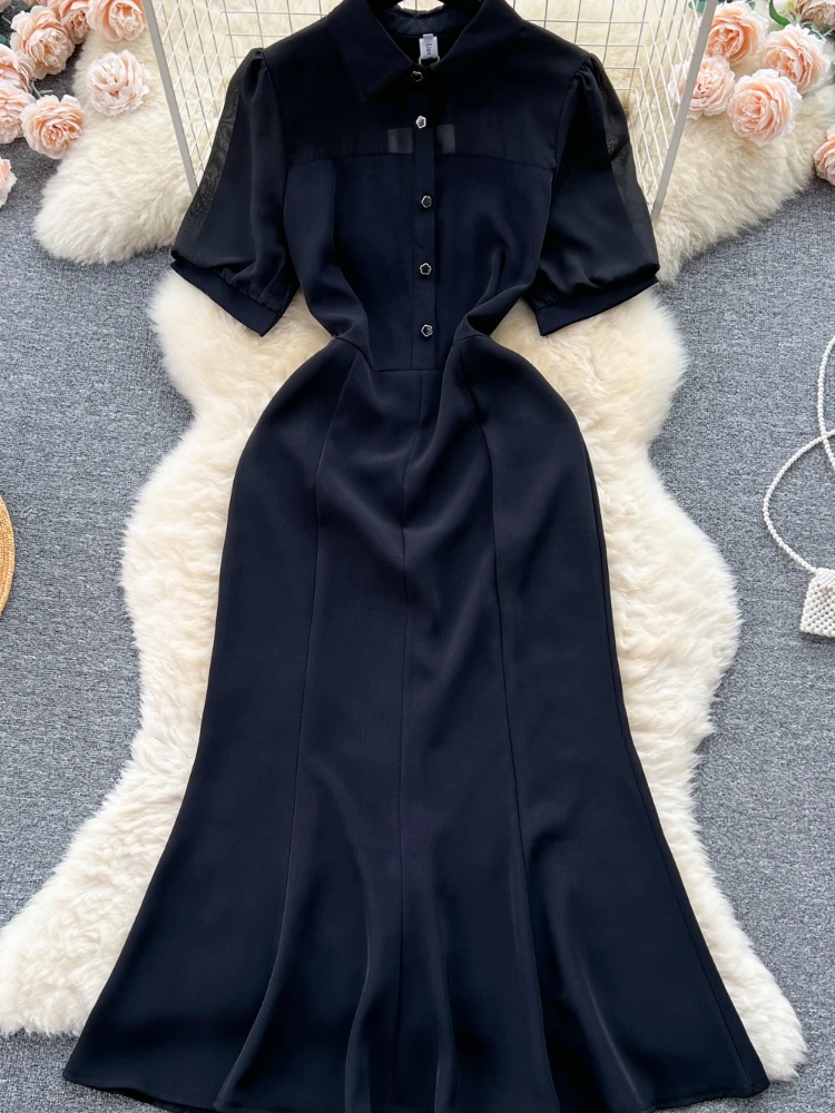Aibeautyer, Ново винтажное пролетно-лятно однотонное кратко женствена рокля на копчета, трапециевидное шифоновое рокля с отложным яка