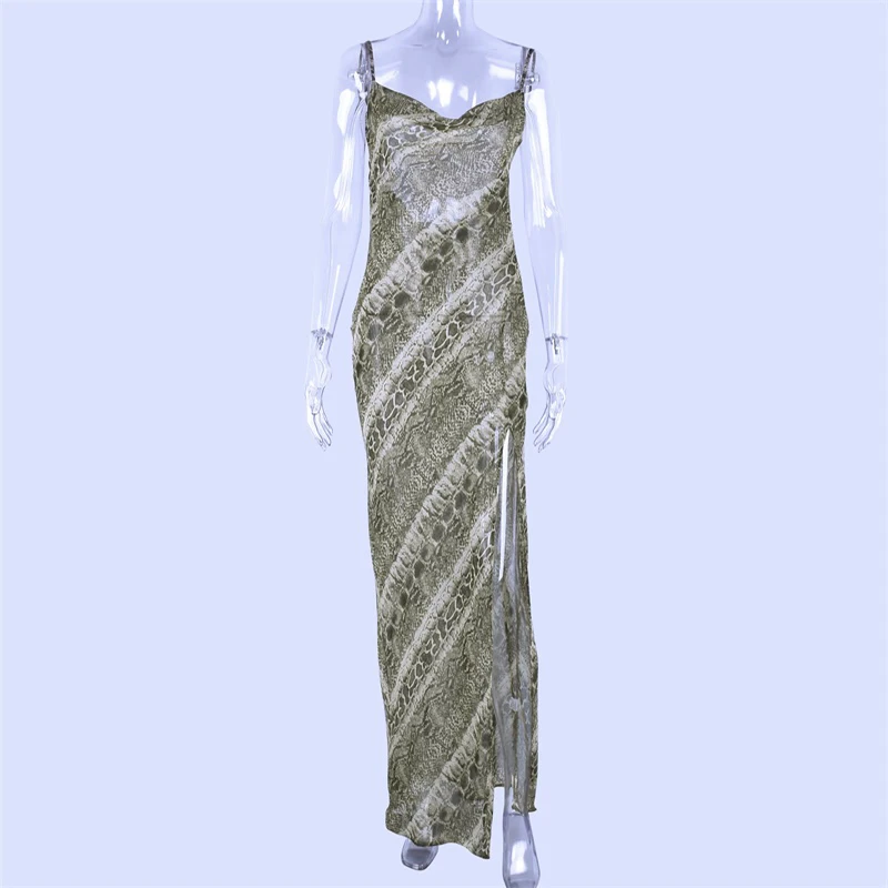 шифоновое секси дълга рокля с змеиным принтом, макси-комбинация, прозрачна рокля на спагети презрамки с цепка, без табли, елегантна есенна облекло 2023