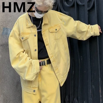 HMZ Хип-хоп деним костюм от 2 теми, мъжки тенденция градинска дрехи, деним яке Y2K, обикновена дънки в стил Хай стрийт, комплект дънки от две части