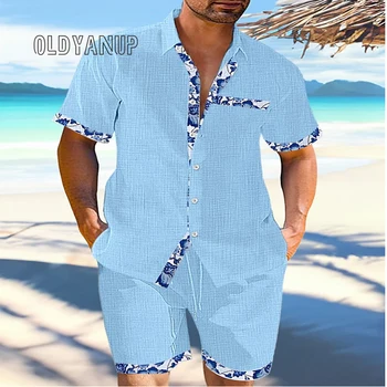 Oldyanup/Мъжки памучни ленени ризи и къси панталони, комплект от две части в контрастен цвят, Свободни плажни костюми с къс ръкав, Хавайски облекло за мъже