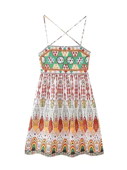 ZADATA 2023 Лятото Секси къса рокля с принтом и бродерия в стил бохо, дебнещ мини-рокля с отворен гръб