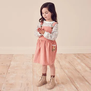 Бебешка рокля на спагети презрамки, Европейски и американски есента сладък комплект дрехи Принцеса с разбито цвете в стил ретро, за малките момичета