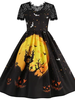 Винтажное дантелено ретро рокля на Хелоуин, дамски костюми с къс ръкав 50-60-те години, вечерни рокли, череп вещици, ужасно облекло Holloween, Cosplay