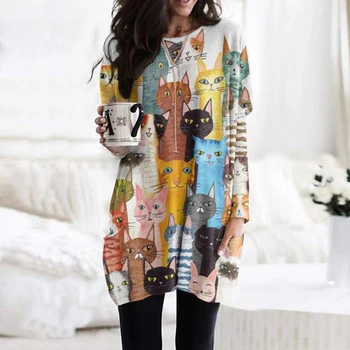Дамски пуловери с изображение на котка, модни блузи с дълъг джобове, дамски ежедневни пуловери с дълъг ръкав, дамски удобни улични блузи