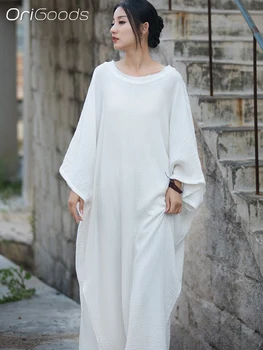 Дамско памучно лятна дълга рокля OriGoods Оверсайз, бяло и сиво расо-халат, Дамско памучно лятна рокля с ръкав 