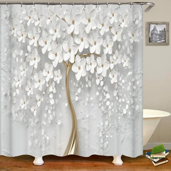 Завеса за баня с 3D красиви флорални принтом под формата на дърво, полиестер, водоустойчив, с куки, Декорация на дома, Завеса за душ параван за баня