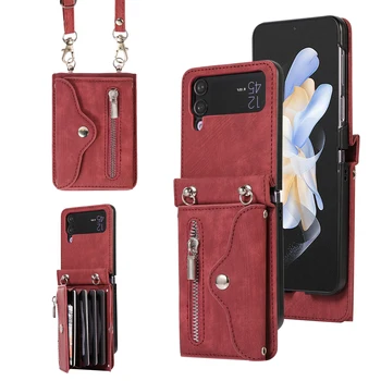 Кожен портфейл с цип, през рамо с каишка калъф за Samsung Galaxy Z Flip 3 4 5 ГРАМА Flip4 Защита на Модерна чанта за карти Луксозен калъф