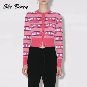 Корейски модерен Пуловер, Жилетки, Всекидневни однобортный трико на райета с розови букви, блузи с дълъг ръкав, есен-зима 2023