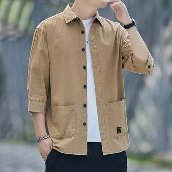 Летни памучни мъжки ризи с 3/4 ръкав в Гонконгском стил, ежедневни работни ризи от памук палта, Свободна от мъжки дрехи, Горна мода