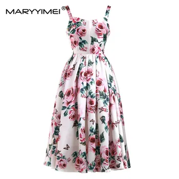 Модерно дизайнерско рокля MARYYIMEI, лятно женствена рокля на спагети презрамки, с флорални принтом рози, Елегантни бални рокли