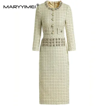 Модерно дизайнерско рокля MARYYIMEI, пролет-есен женствена рокля, тесните рокли от твида с кристални копчета и златна тел