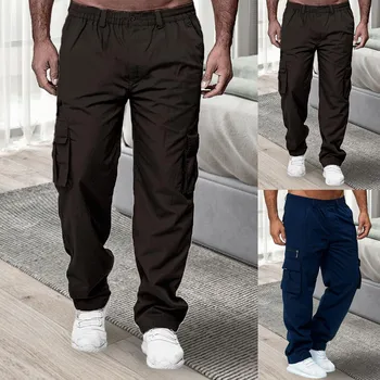 Мъжки панталони с много джобове, панталони, Спортни панталони за фитнес, Мъжки панталони с прав штанинами