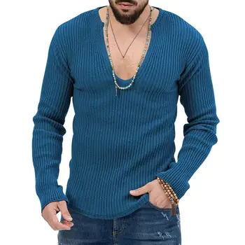 Мъжки пуловер, стилен мъжки пуловер с V-образно деколте, оборудвана мек вязаный пуловер с дълги ръкави за есента и зимата, модерен случайни пуловер