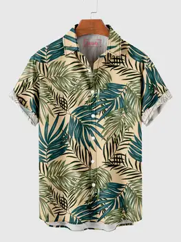 Мъжки ризи с гавайским принтом растения, мъжки ризи за почивка, реколта ризи с принтом листа, Модни лятна риза с копчета, плажни ежедневни ризи с ревери