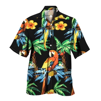 Мъжки Социална Риза с 3D Принтом Папагал, Хавайски Плажна Риза За Почивка, Къс Ръкав, на Ревера, Извънгабаритни Блузи, Мъжки Дрехи, Ежедневни Camisa Masculina