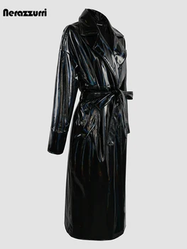 Нерадзурри, Есента Дълъг черен Холографски мек еластичен блестящ Отразяваща тренч от PVC кожа, за жени, Европейска мода 2023