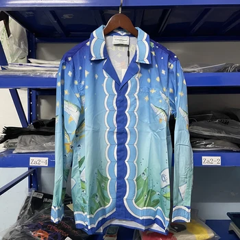 Оверсайз, Градиент синя риза Казабланка, Мъжки, дамски Ризи с дълъг ръкав с логото, есенни якета