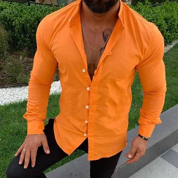 Однотонная риза от памук и лен, мъжка риза с дълги ръкави и яка, копчета, всекидневни модерен топ в ретро стил с катарама
