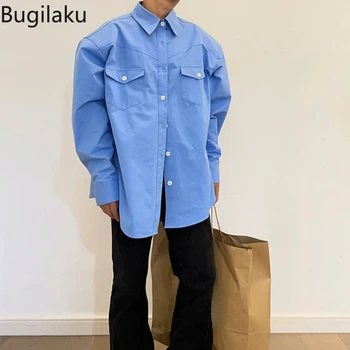 Пролетно-есенни сини модерен риза със свободните рамене и дълъг ръкав за мъже и жени Bugilaku