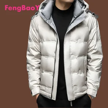 Пуховик с качулка Fengbaoyu, Мъжко Модно палто, Зимни Удебелена Топли дрехи от сив Патешко пух, Ветрозащитное сиво палто за пътуване на открито