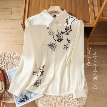 Реколта дамски ризи с флорални принтом, Бяла отложной яка, Шикозни и елегантни модни сатенени блузи с дълъг ръкав, дамски основни върхове