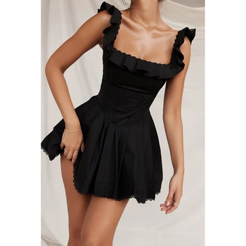 Черни Корсетные рокля с къдри в стил бохо, женски плиссированное рокличка без ръкави, нова лятна рокля, секси вечерна рокля